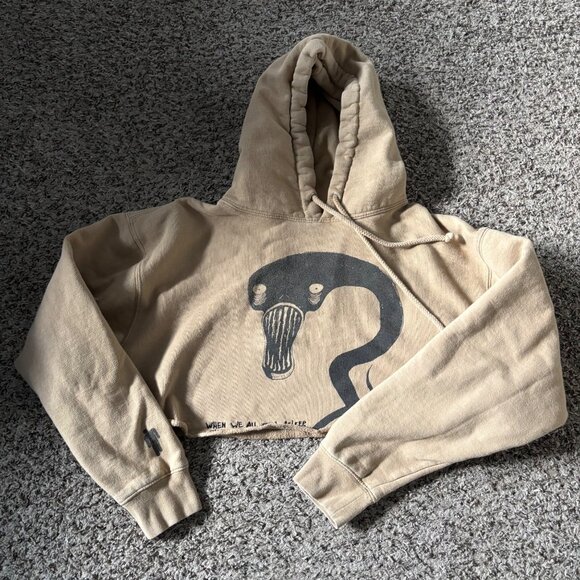 Billie Eilish Beige Cropped Hoodie With Graphic Design & Drawstring Hood Size L - Picture 1 of 5